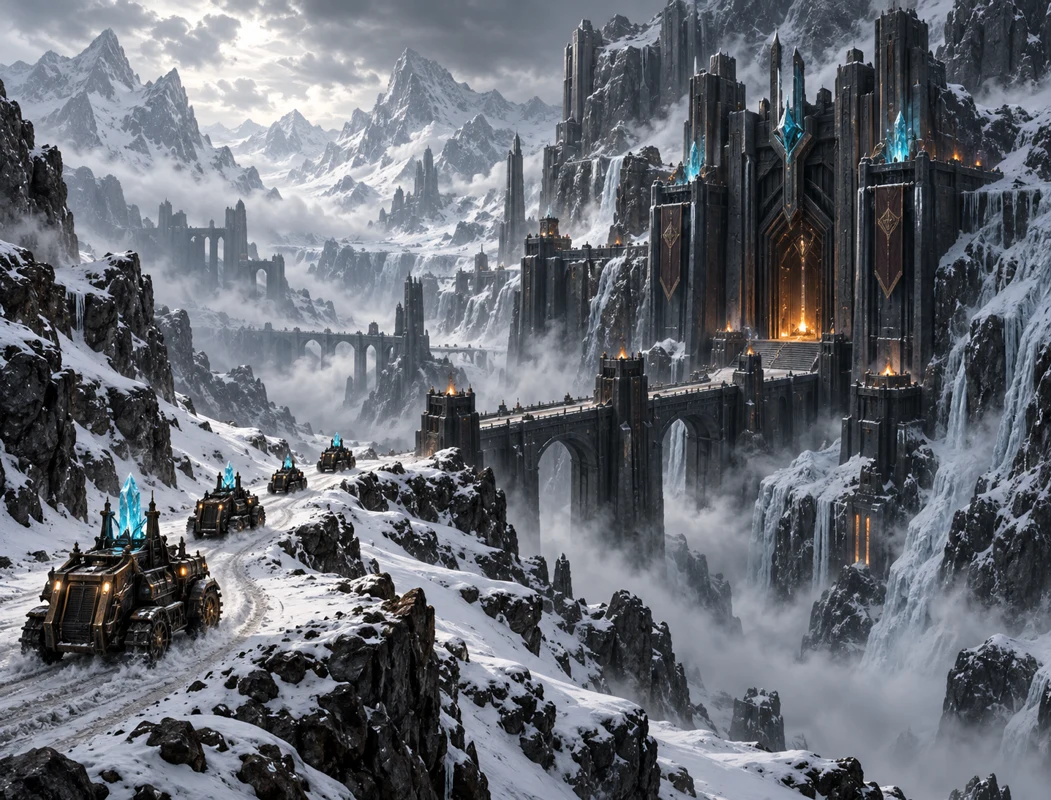 An armored convoy approaches a fortress in the frozen wasteland
