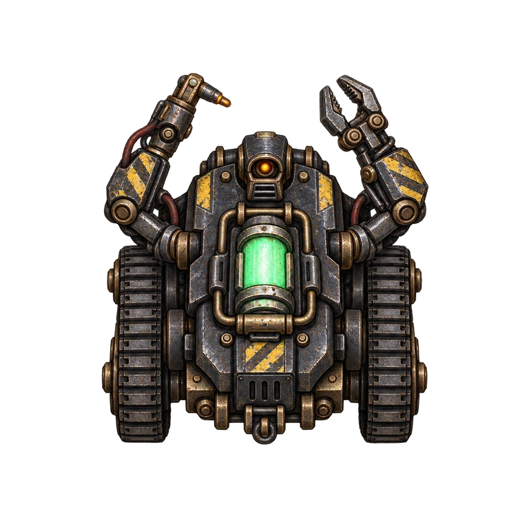 Armored Mender repair robot with welding arms and a green reactor