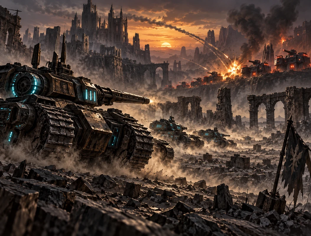 Rival armies clash among the ruins at sunset